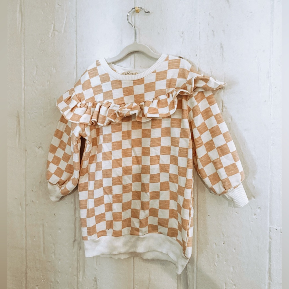 Toddler Long Sleeve Checkered Pale Pink & White Ruffled Sweater Dress